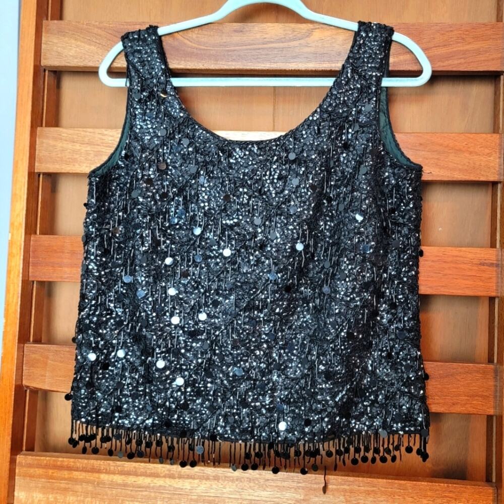 VINTAGE Black Wool Bead & Sequin Embellished Sleeveless Top, Sz L